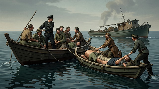 Rescue at the Wreck from "The Good Shepherd". Rescue at the Wreck A rescue ship at work Cadena, designated to recover survivors, moves alongside the lifeboats from a torpedoed merchant ship.