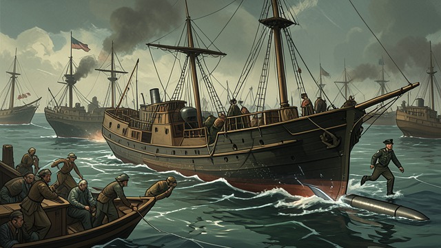 The First Merchant Loss from "The Good Shepherd". The First Merchant Loss A ship is hit Two white rockets report a torpedoing near the rear of the convoy.