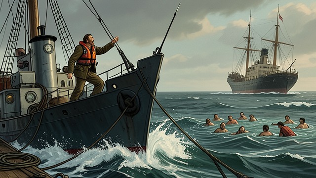 Leaving the First Wreck from "The Good Shepherd". Leaving the First Wreck A question of priorities Keeling approaches a sinking merchant ship and sees Cadena recovering survivors.