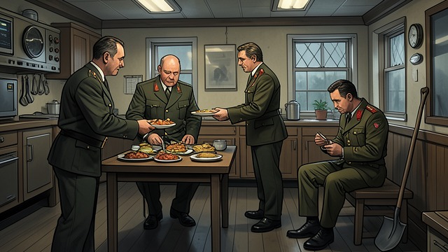 The Captain’s Meal and Burials from "The Good Shepherd". The Captain’s Meal and Burials Food arranged After Keeling suffers damage and casualties, Cole arranges a proper meal for George Krause.