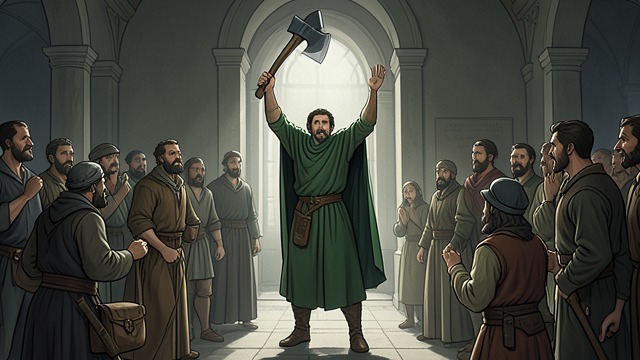 The Axe Bearer from "Sir Gawain and the Green Knight". The Axe Bearer A Threatening Entrance The Green Knight arrives carrying an axe but no conventional armor.