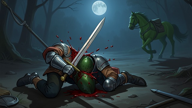The Fatal Blow from "Sir Gawain and the Green Knight". The Fatal Blow Apparent Killing Gawain cuts off the Green Knight’s head, apparently completing the challenge. The act exposes him to the agreed return stroke.