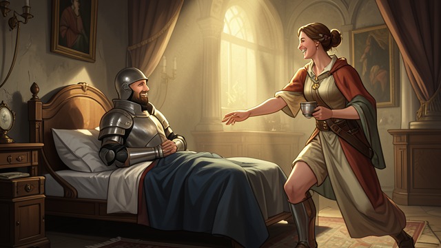 The First Bedroom Visit from "Sir Gawain and the Green Knight". The First Bedroom Visit A Private Encounter Lady Bertilak enters while Gawain is in bed and makes light of his captivity.