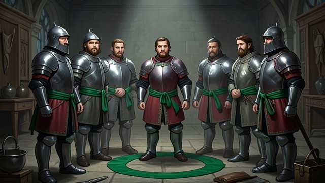 A Shared Emblem from "Sir Gawain and the Green Knight". A Shared Emblem The Court Adopts Green The Knights of the Round Table wear green bands in solidarity. The private sign becomes a communal emblem.
