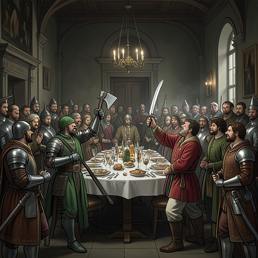 The Beheading Game from "Sir Gawain and the Green Knight". This thread traces the bargain from its festive beginning through its delayed repayment and final reinterpretation.