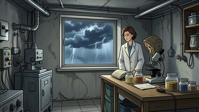 A Basement Laboratory from "Serious Men". A Basement Laboratory An Unfinished Department Oparna Goshmaulik is placed in a basement room to build the astrobiology operation.