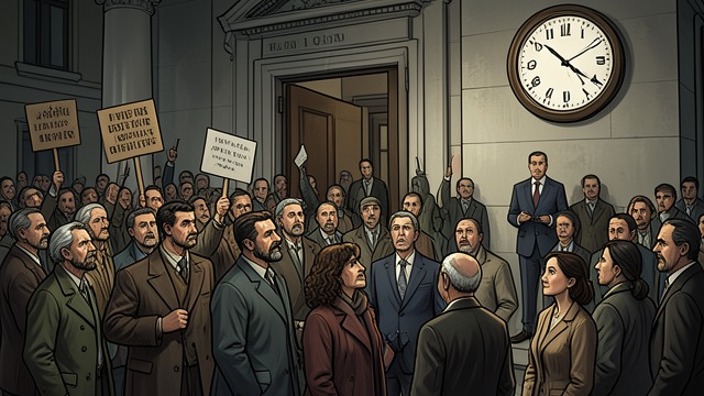 A Riot at the Gates from "Serious Men". A Riot at the Gates Public Anger The recording of discriminatory remarks spreads through news channels, while protesters gather outside the Institute.