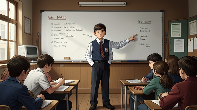 A Public Performance from "Serious Men". A Public Performance The Stage At St Andrew’s School, Aditya interrupts the quiz with answers supplied through Ayyan’s covert coaching.