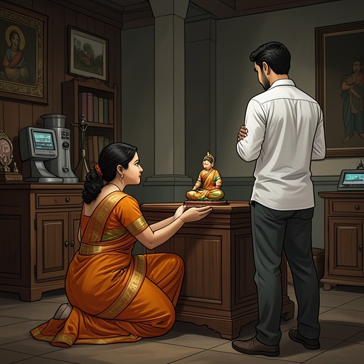 Oja’s Religious Search from "Serious Men". Oja’s turn toward familiar Hindu practice expresses her wish for cultural belonging and protection, challenging Ayyan’s Buddhist convictions and his account of…