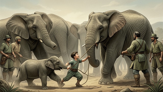 Keddah Bravery from "The Jungle Book". Entering the Chaos A Dangerous Intervention Little Toomai slips among fighting elephants and throws a rope to help secure a calf.