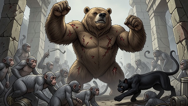 Battle at the Ruins from "The Jungle Book". Courage Beneath the Weight Holding the Terrace Baloo enters the monkey mass and strikes steadily despite being overwhelmed.