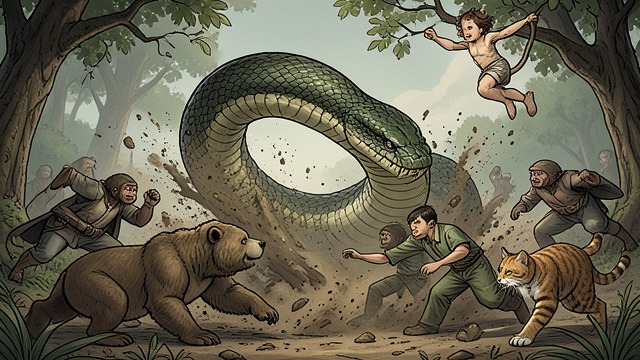 A Promise in Battle from "The Jungle Book". Kaa Enters the Fight Breaking the Crowd Kaa strikes the monkeys with overwhelming precision and freezes their resistance.