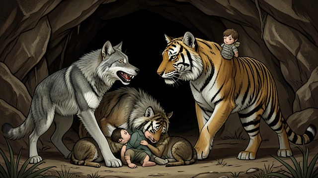 A Wolf Family from "The Jungle Book". Adopted Among Cubs Maternal Claim Raksha places Mowgli beside her own cubs and refuses to surrender him to Shere Khan.