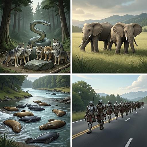 Human and Animal Governance from "The Jungle Book". This flow compares the social systems of wolves, seals, elephants, and military animals.