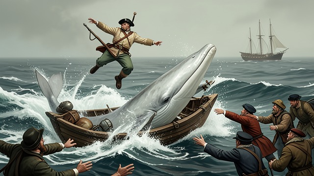 First Day Contact from "Moby-Dick". First Day Contact Initial Attack The boats approach the White Whale through calm water, but the encounter immediately becomes violent.
