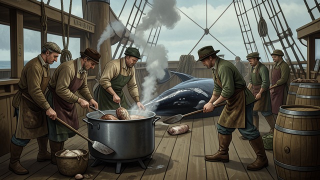 Industrial Ritual from "Moby-Dick". Industrial Ritual Ship as Factory Cutting, boiling, casking, and cleaning convert a whale into a disciplined production sequence.