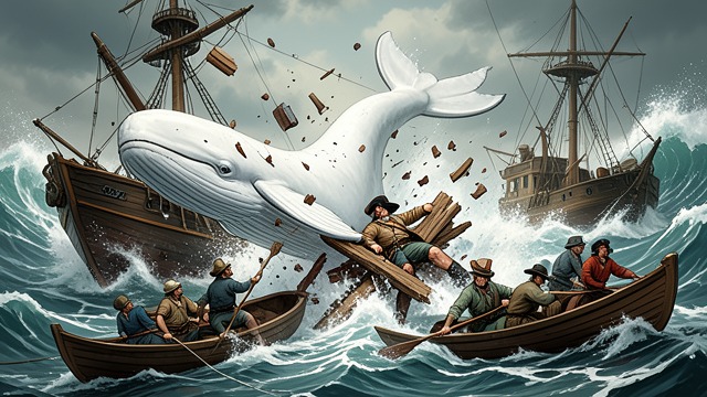 Second Day Destruction from "Moby-Dick". Second Day Destruction Boats Broken The White Whale smashes two boats and leaves Captain Ahab with a shattered leg.