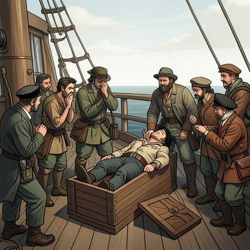 Queequeg's Near Death from "Moby-Dick". This flow traces Queequeg's passage from fever and funeral preparation to renewed life, leaving his coffin as a material legacy.