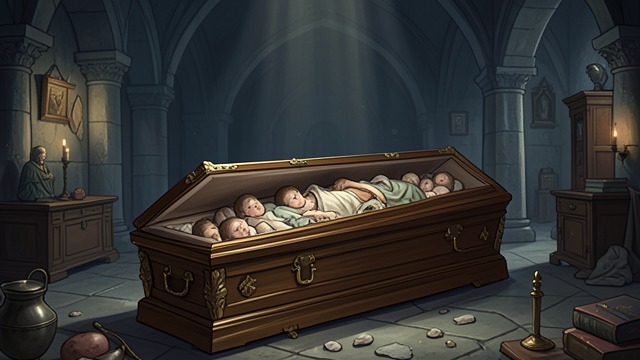 The Empty Master Coffin from "Ofrenda a la tormenta". The Empty Master Coffin A final concealment The ornate coffin in the Tabese crypt is itself empty, surrounded instead by the remains of children.