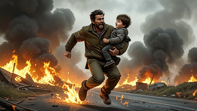 A Family Under Fire from "The Narrow Road to the Deep North". Affection Made Visible Shared Danger Dorrigo drives through the fire to reach Ella and their children, then carries them through burning roads to safety.