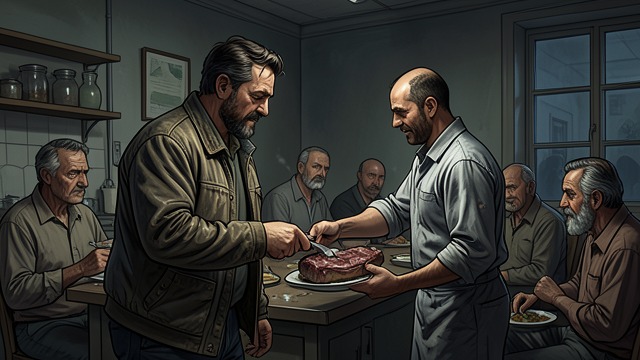Food Shared with the Sick from "The Narrow Road to the Deep North". Refusing the Steak A Gift to the Leader Dorrigo Evans is given a rare steak, but he orders it sent to the hospital and shared among the sickest men.