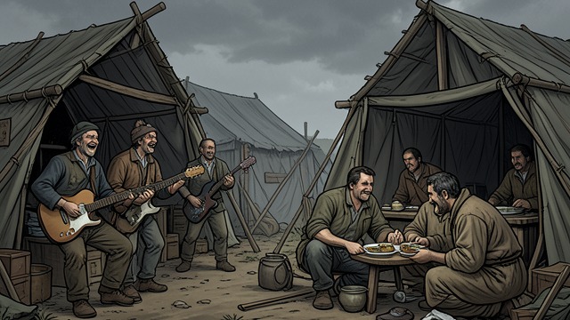 A Camp Held Together from "The Narrow Road to the Deep North". Making a Community Work and Routine The prisoners build shelters and create concerts, jokes, and shared activities.
