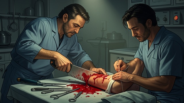 A Brief Success from "The Narrow Road to the Deep North". Work Against Time The Amputation The team uses a kitchen saw, improvised ligatures, and a torch.