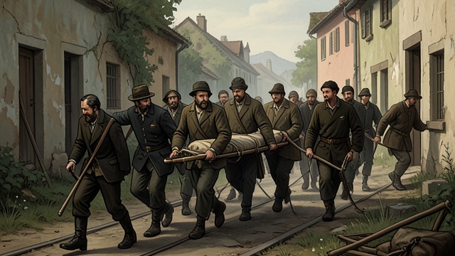 Carrying the Fallen from "The Narrow Road to the Deep North". No One Left Behind A Slow Column Sick prisoners stagger, crawl, and fall along the track.