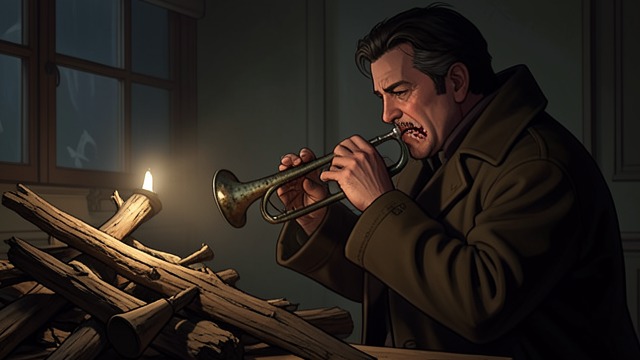 Bugle at the Pyre from "The Narrow Road to the Deep North". Music for the Dead A Repeated Duty Jimmy Bigelow plays the Last Post at funerals despite a painful, damaged mouth.