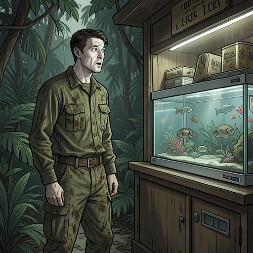 The Fish as Prisoners from "The Narrow Road to the Deep North". This flow traces Darky Gardiner’s recognition of the fish tank as a miniature prison and the postwar act that turns his wish into a shared ritual.