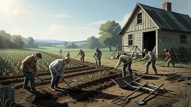A Productive Estate from "Black Box". A Productive Estate Restoration rather than conquest Boaz and the commune clear the grounds, plant crops, and restore the old estate.