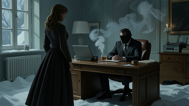 The Black-and-White Figure from "Black Box". The Black-and-White Figure An imagined room Ilana pictures Alexander alone at a desk, surrounded by snow, fire, pipe, and whisky.