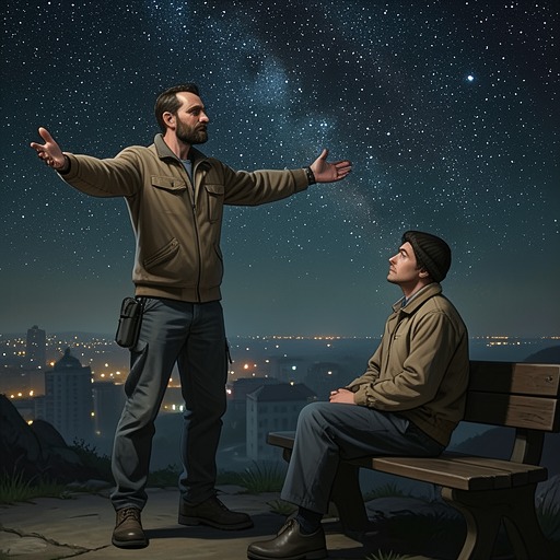 The Stars and the Present from "Black Box". Boaz’s attention to the stars and Alexander’s abstract time theories frame two different ways of escaping the present.