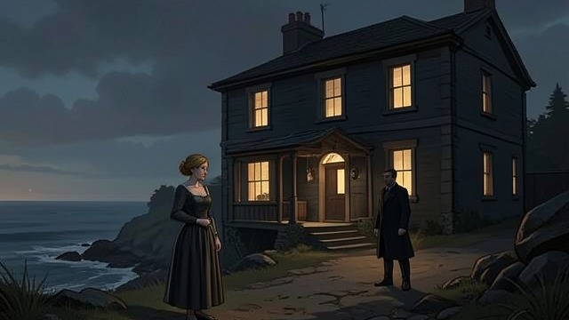 The Remote Villa from "Black Box". Arrival Under Watch An unfamiliar domain A lit villa rises from a dark, remote shore, and a voice suggests that the arrival has been observed.
