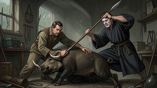 The Boar’s Charge from "Ponniyin Selvan". The Boar’s Charge A real danger A massive wild boar attacks Adithan’s horse and traps the prince beneath it.