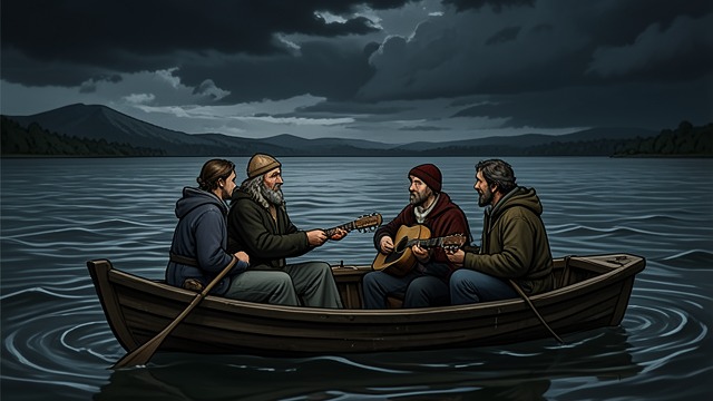 A Storm Interrupts the Song from "Ponniyin Selvan". A Storm Interrupts the Song Calm becomes dangerous The four listeners lose themselves in music while the lake grows rough.