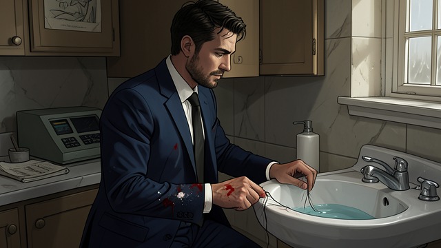 Clothing and Blood from "Towards Zero". A Suit That Accuses Physical traces Investigators discover blood on the cuffs of Nevile’s dark blue suit and water near the washbasin.