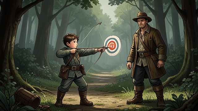 A Child Practises Alone from "Towards Zero". Practice Behind an Accident A farmer’s observation A farmer once sees a child practising with a bow and arrow in a woodland clearing.