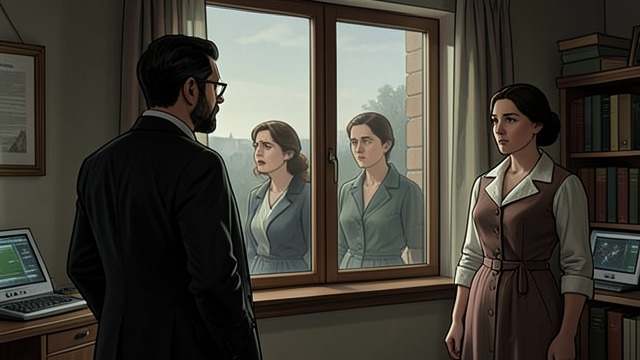 Thomas Sees the Rivalry from "Towards Zero". An Observer at the Window Kay’s hostility Thomas watches Kay looking at Audrey with open dislike, while Audrey appears detached from her presence.