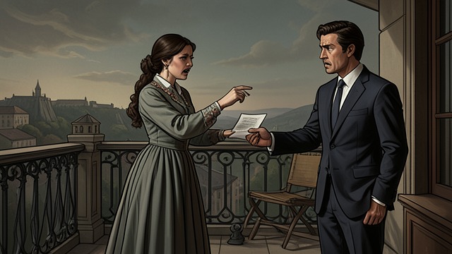 The First Public Clash from "Towards Zero". An Awkward Gesture A paper becomes a provocation On the terrace, Nevile offers an illustrated paper that both women reach for.