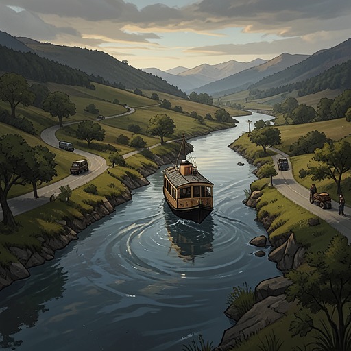 Saltcreek’s Fragile Peace from "Towards Zero". The old house, the new resort, and their river crossing create a geography that makes social distance and physical access inseparable.