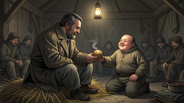 Captive Encounter from "War and Peace". A Stranger Offers Food Pierre Bezukhov meets Platon Karataev in the French prisoner shed after witnessing executions.