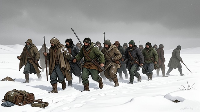 French Collapse from "War and Peace". The Invader Disintegrates The French army retreats from Moscow along a devastated road and loses cohesion through hunger, cold, and pursuit.
