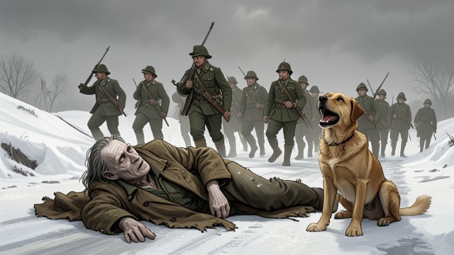 Death on the March from "War and Peace". The Shot Behind Him Karataev grows ill during the French retreat and is left behind when he can no longer march.