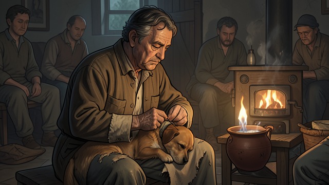 Shared Routine from "War and Peace". Work and Fellowship Karataev sews, cooks, prays, sings, and cares for the dog and his fellow prisoners.