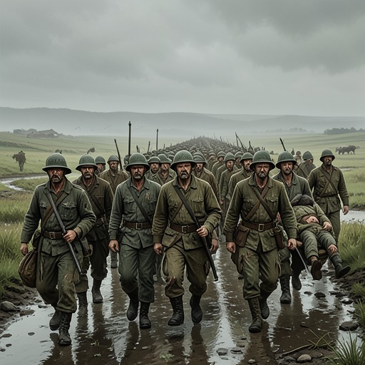 The Russian Retreat and National Awakening from "War and Peace". The Russian army retreats from the western frontier, absorbs repeated defeats, and gradually discovers a collective strength beyond formal strategy.