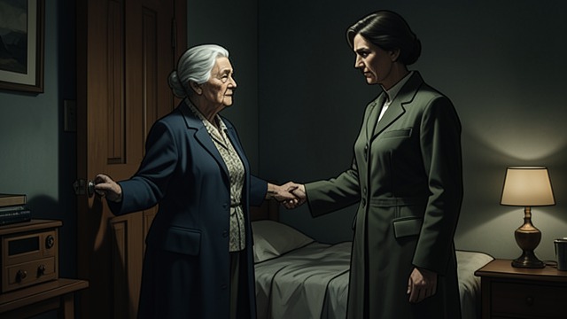 Nemesis in the Bedroom from "Nemesis". The Elderly Woman Confronts Evil Jane Marple faces Clotilde Bradbury-Scott alone in her bedroom and names the crimes hidden beneath the garden.