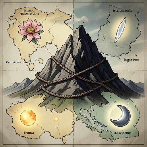 The Seven Courts and Shared Power from "A Court of Thorns and Roses". This flow follows the political idea of divided sovereignty from the mural to the liberation of Prythian.