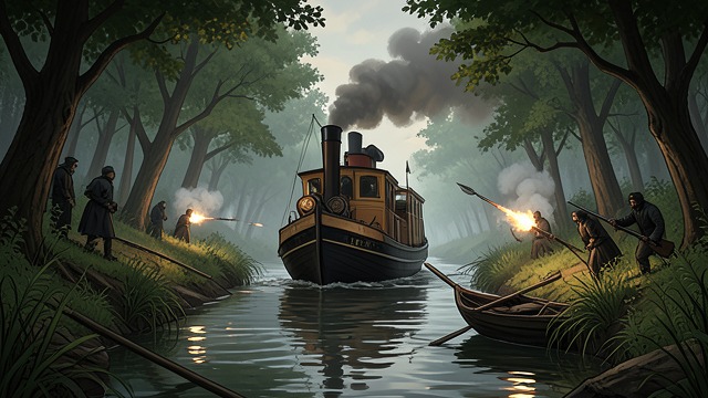 The Steamer Ambush from "Heart of Darkness". Arrows in the Passage Hidden Attackers Arrows struck the steamer as it moved through a narrow channel.
