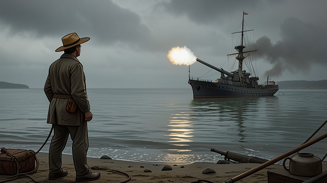 Coastal Bombardment from "Heart of Darkness". Violence at a Distance A Warship Offshore Marlow encountered a French warship firing at the bush where a camp was supposedly located.